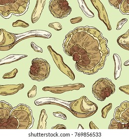 Seamless pattern with reishi: mushroom, powder and a bit of reishi. Super food. Vector hand drawn illustration