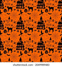 Seamless pattern with related Halloween holiday silhouettes on orange background.
