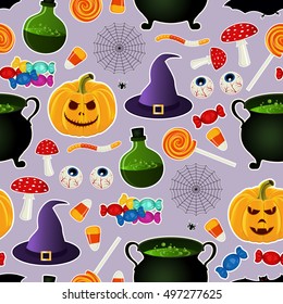 Seamless pattern with related halloween holiday object silhouettes on purple background. Traditional witches attributes. Bright digital paper, textile print, page fill. Vector illustration