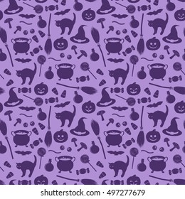 Seamless pattern with related halloween holiday object silhouettes on purple background. Traditional witches attributes. Scrapbook digital paper, textile print, page fill. Vector illustration