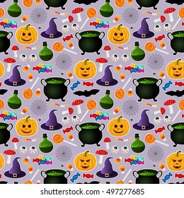 Seamless pattern with related halloween holiday object silhouettes on purple background. Traditional witches attributes. Bright digital paper, textile print, page fill. Vector illustration