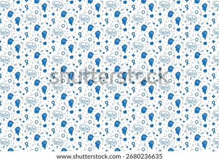 A seamless pattern related to mental health. The background design is blue and white. Ideal for awareness campaigns, event banners, and therapy room murals, with simple, supportive illustrations.