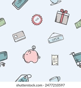 Patrón sin fisuras relacionado con compras, compras, promociones y descuentos. Vector conjunto de iconos y Elementos dibujados a mano