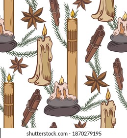 Seamless pattern with relax candles. Coloring sketch. Various wax candles with star anise, cinnamon stick, branch junipiter. Vector spa, relaxation elements for wallpaper, backdrop and textile