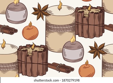 Patrón inquebrantable con velas relajantes seguidas. Dibujo coloreado con eclosión. Varias velas de cera con anís estrellado, canela. Vector spa, elementos de relajación para papel pintado, fondo y textiles