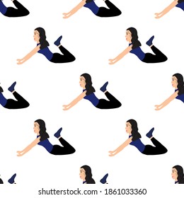 Seamless pattern with relaxed graceful girl in meditation on a white background. Women's yoga in a flat style. Performing asanas. Ancient spiritual practice.
Stock vector illustration for design
