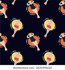 Seamless pattern of relaxing swimmers in water, female male characters floating in swimwear.