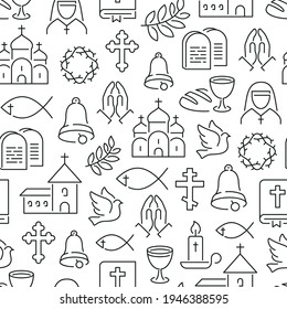 Seamless pattern with religion. Black and white thin line icons