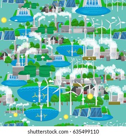 Seamless pattern renewable ecology energy, green city power alternative resources concept, environment save new technology, solar and wind electricity vector illustration background