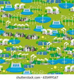 Seamless pattern renewable ecology energy, green city power alternative resources concept, environment save new technology, solar and wind electricity vector illustration background