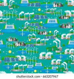 Seamless pattern renewable ecology energy, green city power alternative resources concept, environment save new technology, solar and wind electricity vector illustration background