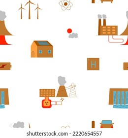 Seamless pattern with renewable energy elements. The energy of the sun, wind, water, earth and atom. Flat style. Vector illustration