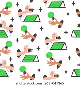 Seamless pattern of renewable energy symbols with solar panels and light bulbs in flat style on white background