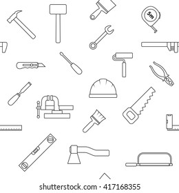 Seamless pattern of repair tool icons. Home repair signs. Worker tools. Isolated on white background. Vector illustration.