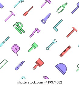 Seamless pattern of repair tool icons. Home repair signs. Worker tools. Isolated on white background. Vector illustration.