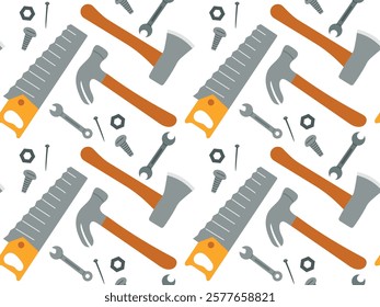 Seamless pattern with repair tools in cartoon style. Construction and household concept. Elements for your design. Saw, hammer, etc.