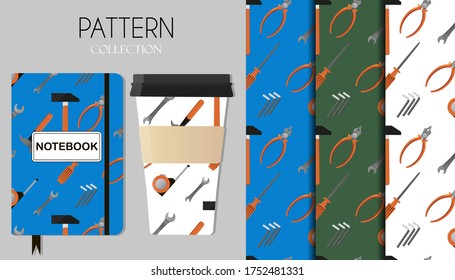 Seamless pattern with repair tools, hammer, tape measure, wrench, screwdriver, pliers. The background is displayed on Notepad and coffee cups. Seamless pattern with repair working tools icons.