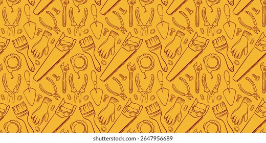 Seamless pattern of repair tools in line art style on yellow background. Design with pliers, wrenches, gloves, saws for wallpaper construction store, packaging and DIY.