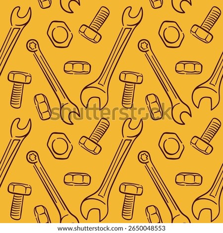 Seamless pattern repair tools in line art style with wrench, bolt, nut and screw on yellow background. Perfect for construction repair store and building design.