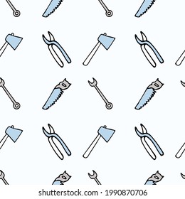 Seamless pattern with repair tools on a blue background: hatchet, ax, pliers, saw, wrench. Design for wallpaper and wrapping, fabric and textile.