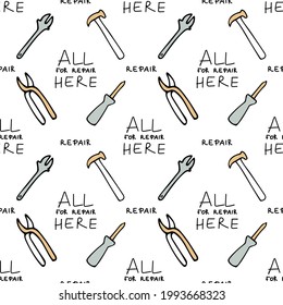 Patrón sin inconvenientes con herramientas de reparación: alicates, llave ajustable, martillo, destornillador. Dejar que todo se repare aquí. Diseño de papel pintado y embalajes, tejidos y textiles.