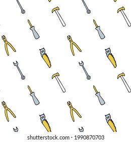 Nahtloses Muster mit Reparaturwerkzeugen: Schraubenzieher, Zange, Säge, Hammer, verstellbarer Schlüssel. Design für Tapete und Verpackung, Stoff und Textilien.