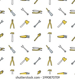 Seamless pattern with repair tools: screwdriver, hatchet, ax, pliers, saw, hammer, wrench. Design for wallpaper and wrapping, fabric and textile.