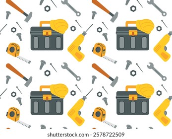 Seamless pattern with repair tools, toolbox and helmet on white background. Vector illustration for textile, wrapping paper, wallpaper, background