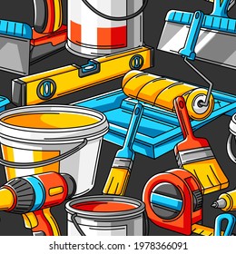 Seamless pattern with repair working tools. Equipment for construction industry.