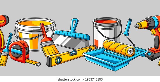 Seamless pattern with repair working tools. Equipment for construction industry.