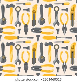 Seamless pattern with repair working tools. Various working instruments on light background. Equipments for renovation and working concept. Vector texture.