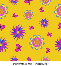 Seamless pattern repeat background with butterflies and flowers colorful summer endless surface nature cover great for textile, fabric print, cloth, wallpaper