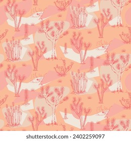 Seamless pattern repeat with desert flora in a modern peach color palette. Hand drawn Joshua Tree, Saguaro, San Pedro cactus and other desert plants on peach background with abstract shapes.