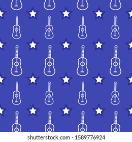 Seamless pattern with repeat guitars and stars on the blue background. Music ornament for banner, poster, card, album cover, wrapping paper, packaging. Vector illustration
