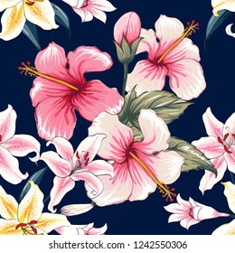 Seamless pattern repeat pink Hibiscus, lilly flowers on dark blue background.Vector illustration hand drawning doodle.For used wallpaper design,textile fabric or wrapping paper
