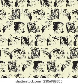 Seamless pattern, repeat texture with square paint prints. Abstract surface graphic design, geometric pattern with black ink blots on white background. Vector illustration.