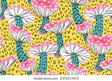 Seamless pattern, repeat texture with trippy crazy mushrooms. Colorful trendy print with doodle drawing fly agarics, bright hand drawn amanita mushrooms on a yellow background. Vector illustration.
