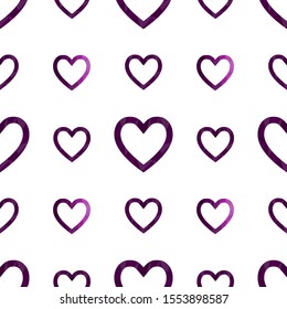 Seamless pattern with repeatable polygonal purple hearts on the white background. Romantic ornament for cards, banners, invitations, scrapbook, wrapping paper, packets. Vector illustration