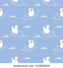 Seamless Pattern Repeatable Texture Summer Spring Cute Duck Swan Pond