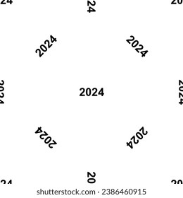 Nahtlose Muster der wiederholten schwarzen 2024-Jahressymbole. Die Elemente sind gleichmäßig verteilt und einige werden gedreht. Vektorgrafik auf weißem Hintergrund