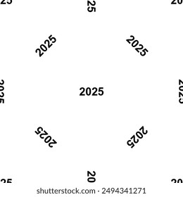Patrón sin fisuras de símbolos negros repetidos del año 2025. Los Elementos están espaciados uniformemente y algunos giran. Ilustración vectorial sobre fondo blanco