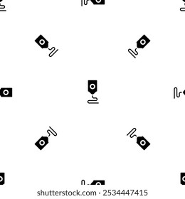 Seamless pattern of repeated black 3D printer symbols. Elements are evenly spaced and some are rotated. Vector illustration on white background