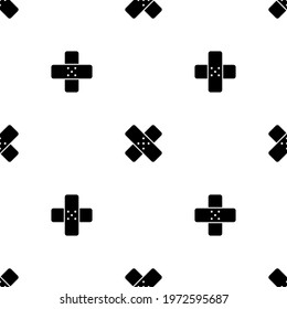 Seamless pattern of repeated black adhesive plaster symbols. Elements are evenly spaced and some are rotated. Vector illustration on white background