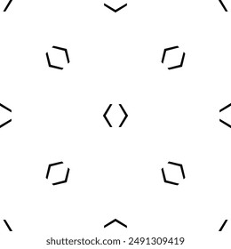 Seamless pattern of repeated black angle brackets symbols. Elements are evenly spaced and some are rotated. Vector illustration on white background