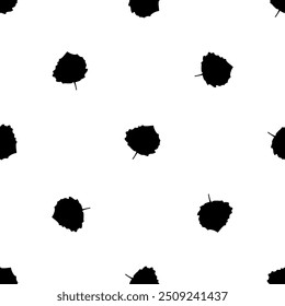 Seamless pattern of repeated black aspen leafs. Elements are evenly spaced and some are rotated. Vector illustration on white background