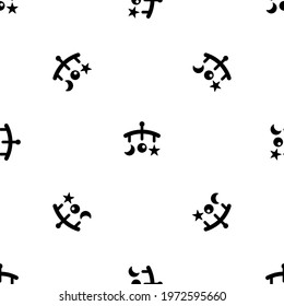 Seamless pattern of repeated black baby mobiles. Elements are evenly spaced and some are rotated. Vector illustration on white background