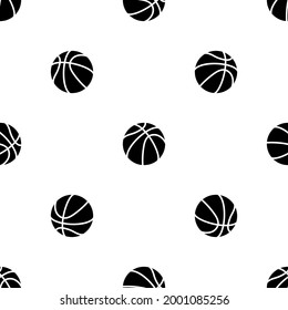 Seamless pattern of repeated black basketball symbols. Elements are evenly spaced and some are rotated. Vector illustration on white background