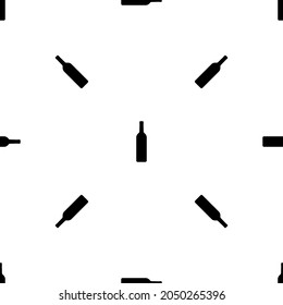Seamless pattern of repeated black beer bottle symbols. Elements are evenly spaced and some are rotated. Vector illustration on white background