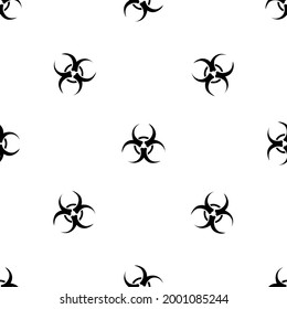 Seamless pattern of repeated black biohazard symbols. Elements are evenly spaced and some are rotated. Vector illustration on white background