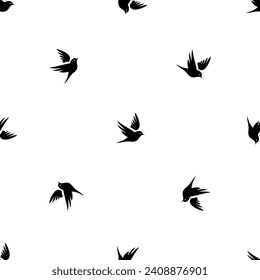 Seamless pattern of repeated black bird symbols. Elements are evenly spaced and some are rotated. Vector illustration on white background